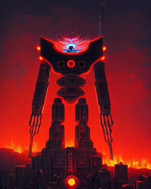 Prompt: giant robot with ominously glowing red eyes stands on top of city that is on fire, concept art, intricate details, highly detailed, in the style of rodger dean, moebius, michael whelan, pascal blanche