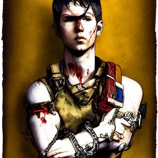Image similar to portrait of a young white hero using his right arm to hold his sword covering his eye by yoji shinkawa, high quality, extra details, realism, ornate, colored, golden chain, blood, white skin, short hair, brown eyes, vivid, sunlight, dynamic, american man, freedom, white american soldier, painting, cybernetics, military