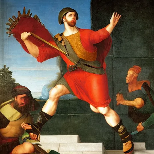 Prompt: Neoclassical of a Roman soldier attempting to perform a kickflip painted by raphael
