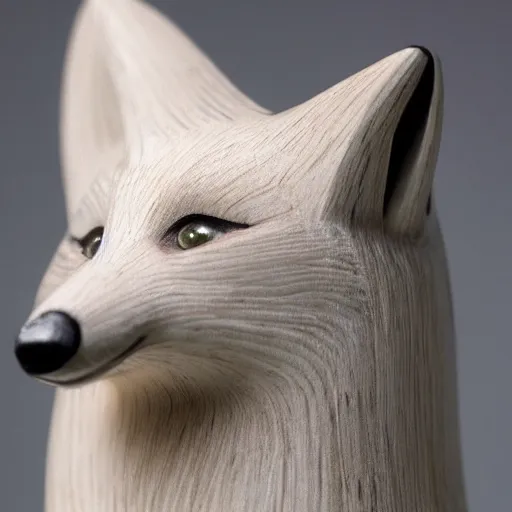 Image similar to close - up shot of a wooden handmade doll of a white fox, highly detailed, sharp focus, promo photo, by shaun tan,