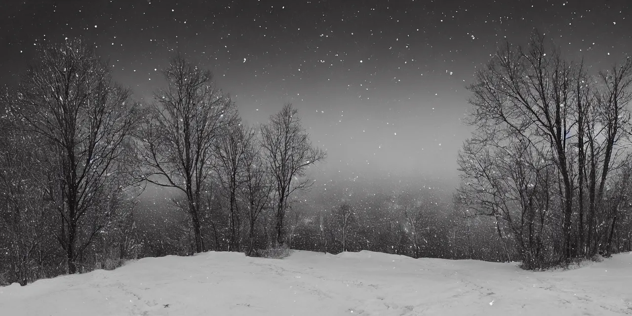 Image similar to laurentian appalachian mountains in winter, unique, original and creative landscape, photography by ansel adams, snowy night, distant town lights, aurora borealis, deers and ravens, footsteps in the snow, brilliant composition