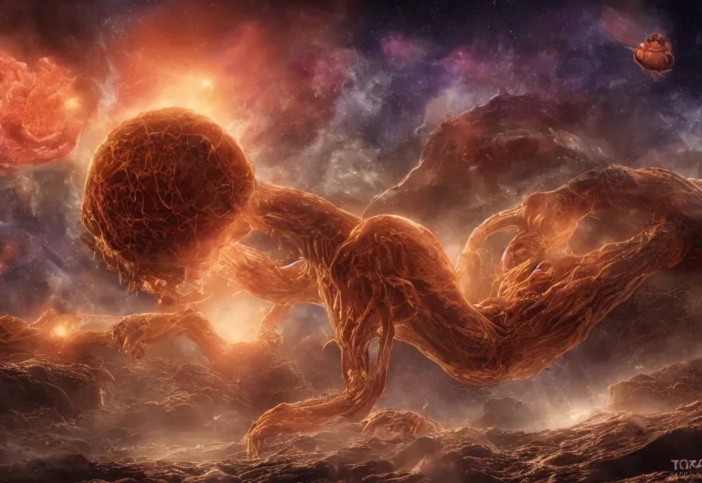 Image similar to eldritch horror bloody garfield in space, hd, 8 k, giant, epic, realistic photo, unreal engine, stars, prophecy, powerful, cinematic lighting, destroyed planet, debris, violent, sinister, ray tracing, dynamic, epic composition, dark, horrific, teeth, grotesque, monochrome drawing, hellscape