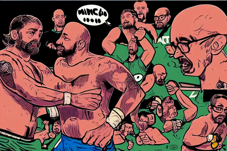 Image similar to Sam Hyde fighting Joe Rogan in the UFC octagon, Mike Judge art style, 90's mtv illustration, clean linework