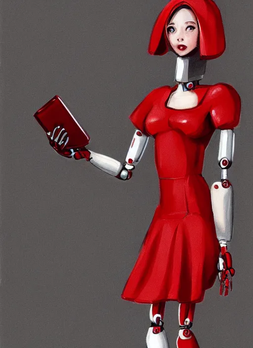 Image similar to a robot wearing a maid dress, red dress, full body shot, highly detailed, digital painting, artstation, concept art, smooth, sharp focus, illustration