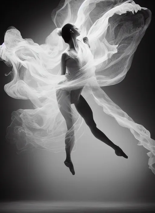 Image similar to a Photorealistic dramatic hyperrealistic render of a beautiful Female smoke dancer by Ken Brower and Deborah Ory of NYC Dance project,Lois Greenfield,Flowing cloth and smoke,Beautiful dynamic dramatic dark moody lighting,volumetric,shadows,cinematic atmosphere,Octane render,8K