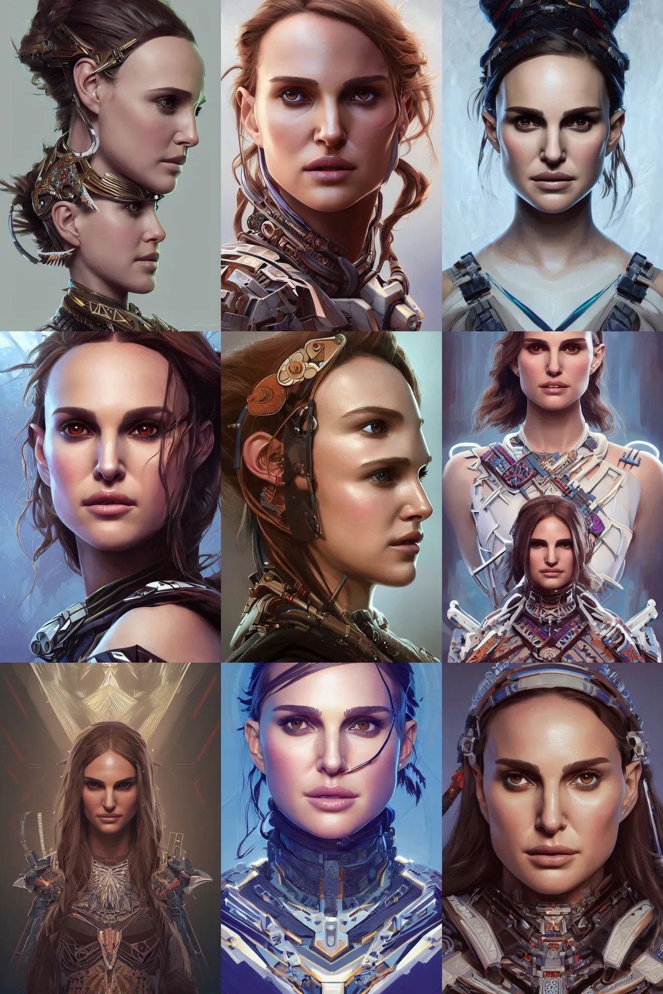 Image similar to symmetry!! portrait of natalie portman in the style of horizon zero dawn, machine face, intricate, elegant, highly detailed, digital painting, artstation, concept art, smooth, sharp focus, illustration, art by artgerm and greg rutkowski and alphonse mucha, 8 k