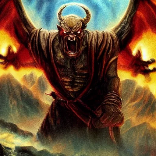 Prompt: balrog from the lord of the rings in the style of an oil painting, direction by peter jackson, still from the movie