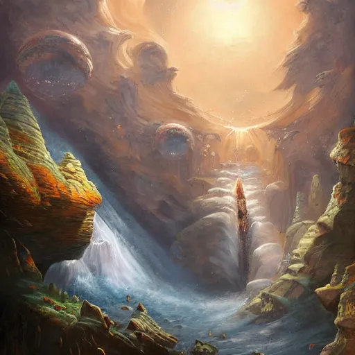 Prompt: detailed painting of a spaceship coming in to land close to a waterfall between two mountains, fantasy, high detailed, sabbas apterus