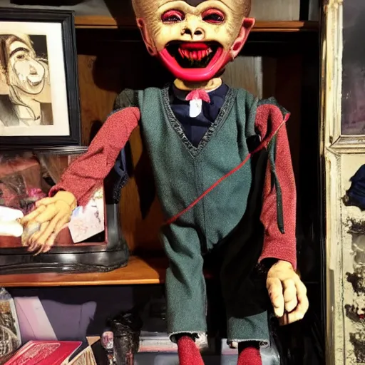 Prompt: evil possessed ventriloquist dummy for sale in a creepy dimly lit antique store
