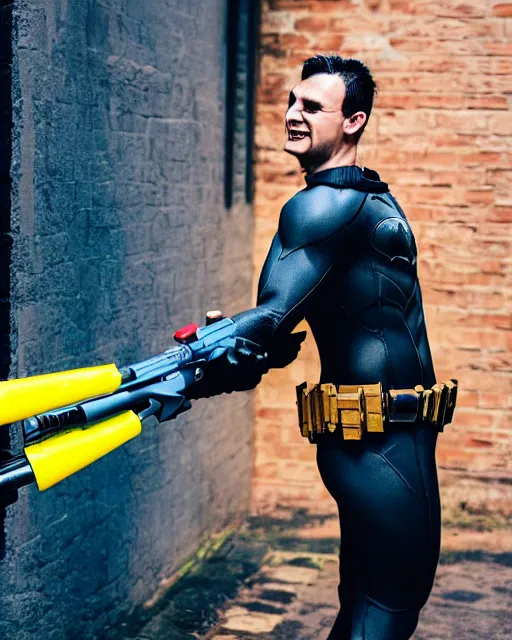 Image similar to happy batman firing super soaker water gun at playful criminals in an alleyway, everyone having fun, product advertisement, photography