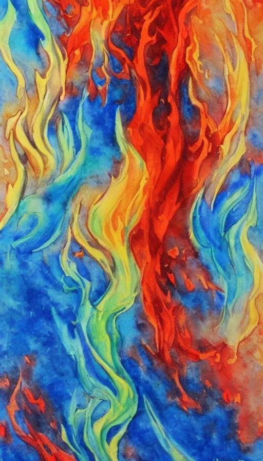 Prompt: water color painting of fire and water mixing together, inspired by the Temperance tarot card