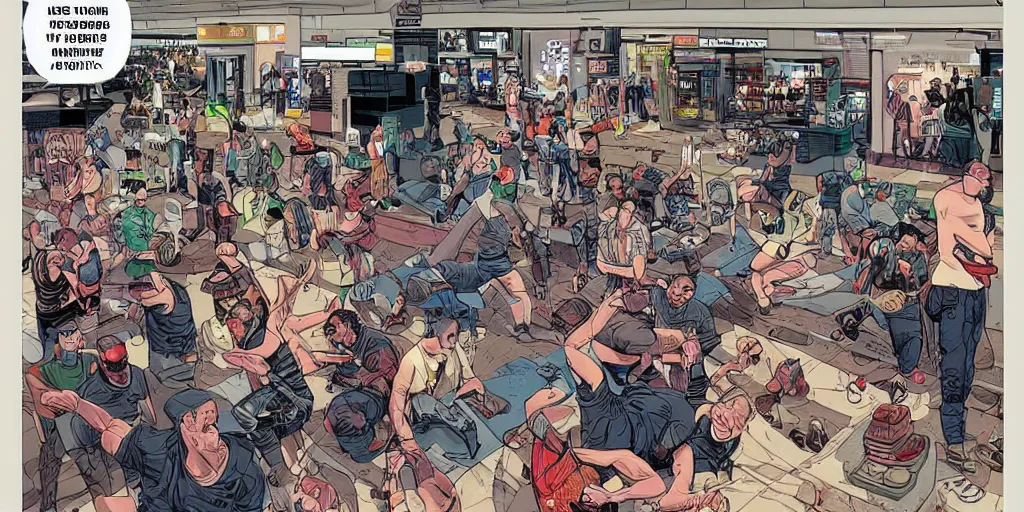 Image similar to Mall cops vs weightlifters. Epic painting by James Gurney and Laurie Greasley.