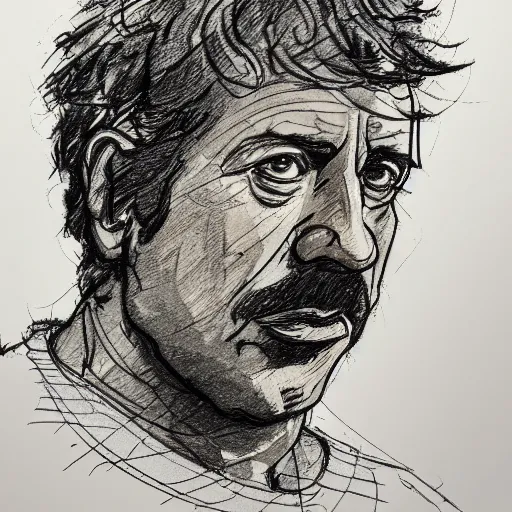 Prompt: a realistic yet scraggly portrait sketch of the side profile of a stern and sophisticated gene ween, trending on artstation, intricate details, in the style of frank auerbach, in the style of sergio aragones, in the style of martin ansin, in the style of david aja, in the style of mattias adolfsson