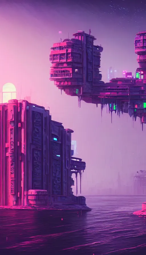 Image similar to a beautiful very detailed painting of city architecture abandoned sea fort by beeple, cyberpunk neon noir landscape vice city meadow cosmic fantasy san andreas at winter futuristic wilderness matte painting alien, archdaily, wallpaper, highly detailed, trending on artstation.