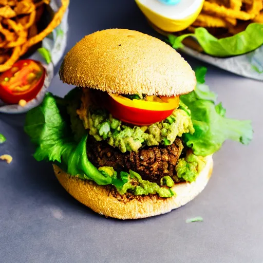 Image similar to vegan hamburger guacamole and crispy fried onion and fried egg toppings, crispy buns, 8 k resolution, professional food photography, studio lighting, sharp focus, hyper - detailed