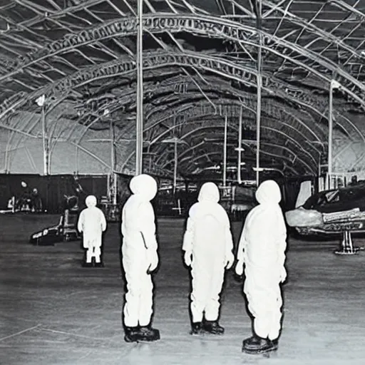 Prompt: flying saucer, ufo, alien ship inside a hanger, old photo, vintage photo, grainy, realistic, real photo, men in hazmat suits standing around