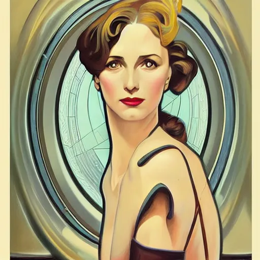 Image similar to a streamline moderne painting in the style of mort kunstler, and in the style of charlie bowater, and in the style of alphonse mucha. symmetry, smooth, sharp focus, semi - realism, intricate detail.