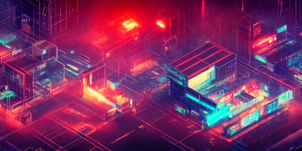 Image similar to isometric room of factory exploding at night in the center of a futuristic sci-fi asian city, signboards, neon lights, blade runner color palette, rendered in octane render by Yasunari Ikenaga, Yamato, Macross