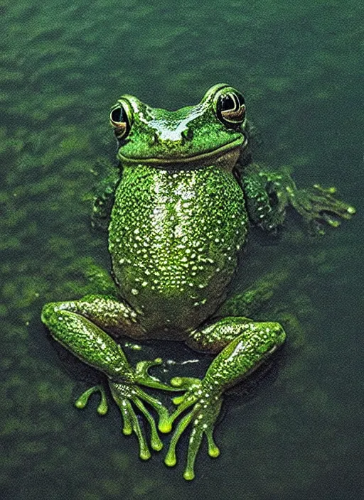 Prompt: “semitranslucent smiling frog amphibian vertically hovering over misty lake waters in crucifix pose, low angle, long cinematic shot by Andrei Tarkovsky, paranormal, eerie, mystical”