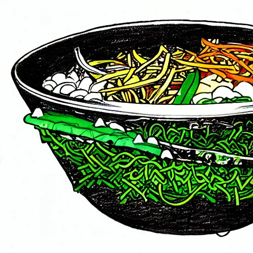 Image similar to a drawing of a roller coaster inside of a bowl of bibimbap