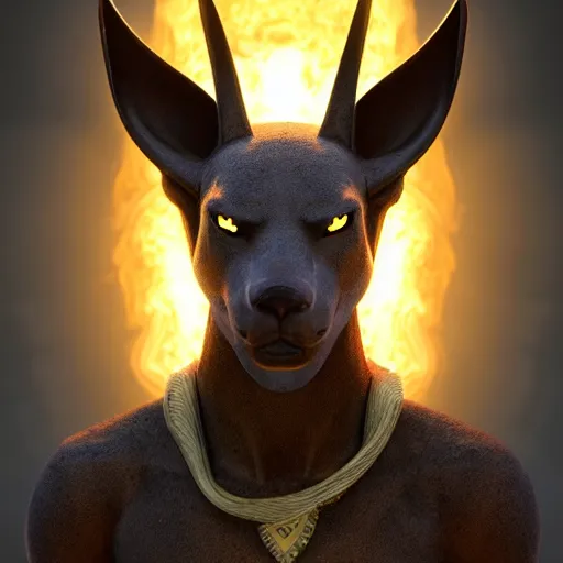 Image similar to A portrait of Anubis, he is glaring at the viewer and there is fire behind him, beautiful digital art trending on artstation, 4k, greg rutowski, extremely detailed, vivid three point lighting, backlit fur