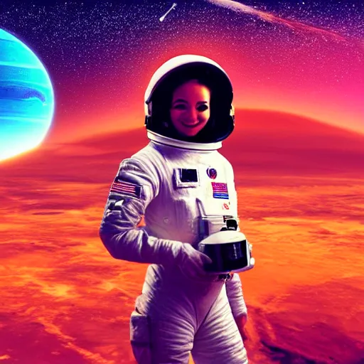 Image similar to A wide angle shot from below of a female astronaut with a feminine body walking with swagger towards camera on mars in an infinite universe , synthwave digital art