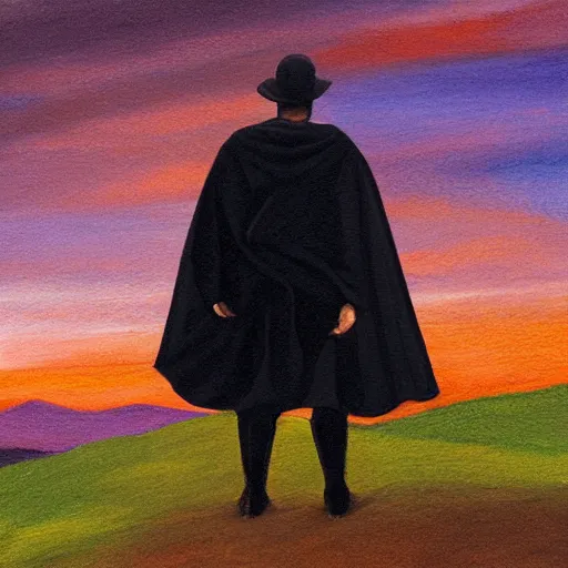 Prompt: man with a black cape, on a hill, sunrise