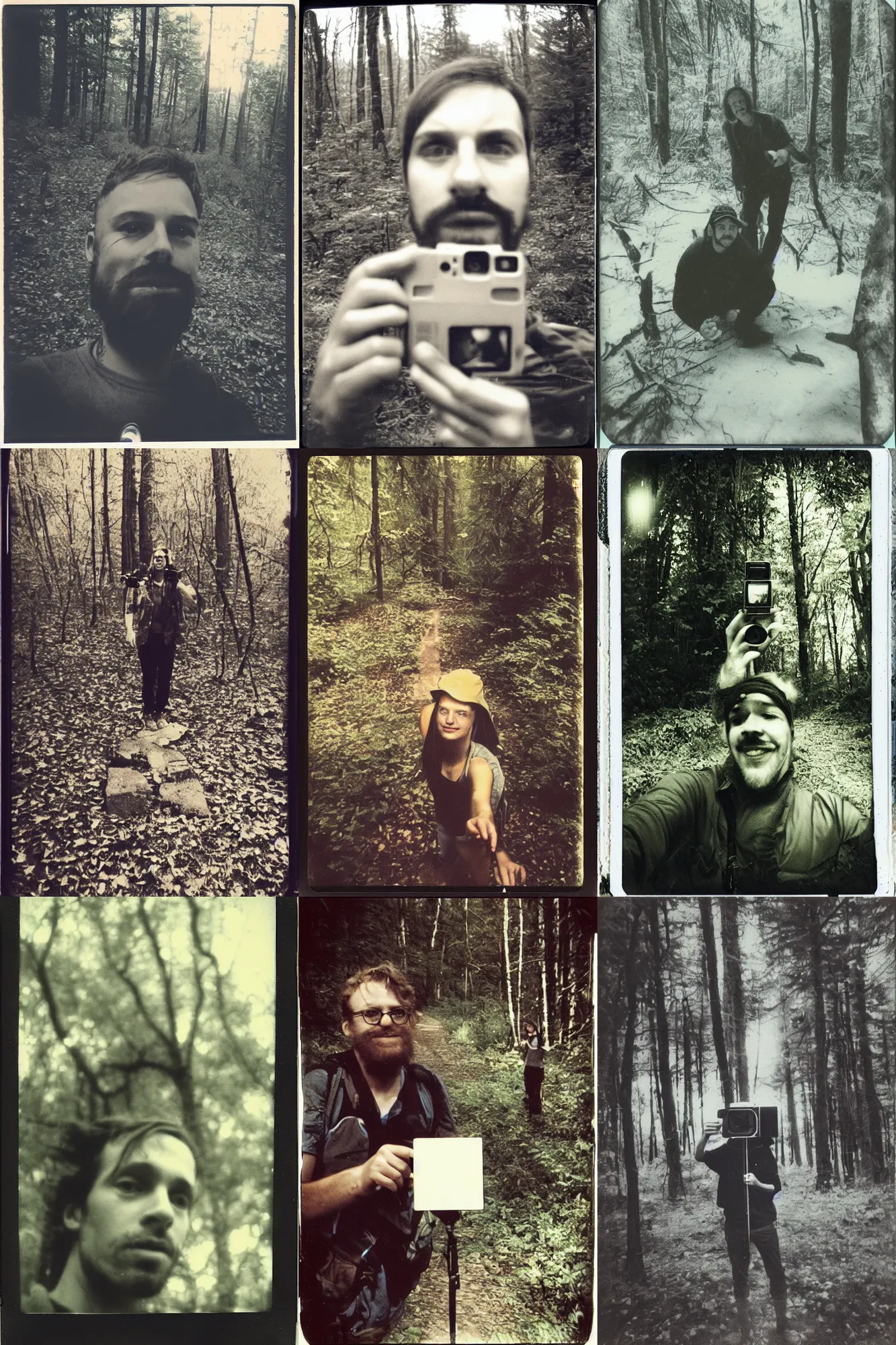 Prompt: the last selfie taken by a missing hitch - hiker in the woods, polaroid, film photo, grainy