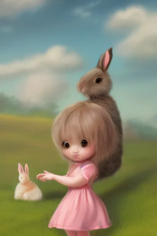 Image similar to matte sharp painting cute little girl and rabbit landscape painted by mark rydel artstation behance storybook style pastel colors