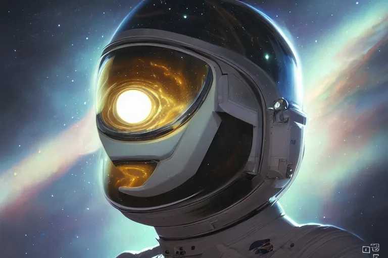 Image similar to portrait of a futuristic bulldog astronaut reflective visor mirror spacesuit reflecting a nebula supernova in space, portrait, intricate, digital painting, artstation, concept art, smooth, sharp focus, illustration, cinematic lighting, art by artgerm and greg rutkowski and alphonse mucha