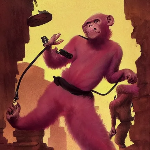 Image similar to monk fight monkey with pink gloves, retro 5 0 s style, art by by greg rutkowski and siudmak and richard corben and moebius