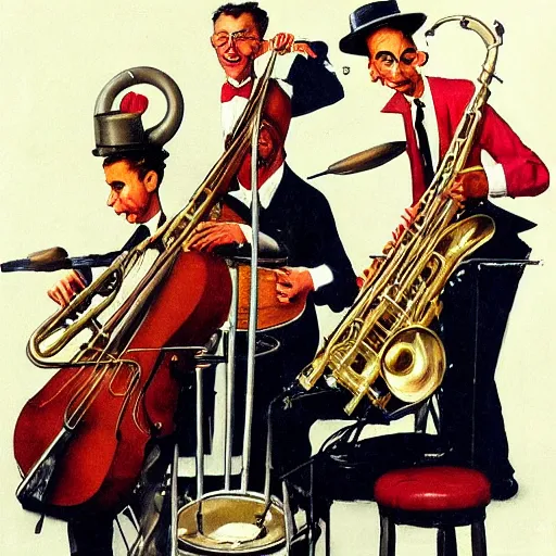 Prompt: portrait of mixed alien jazz quartet, with double bass, saxophone, drums, trumpet, by norman rockwell