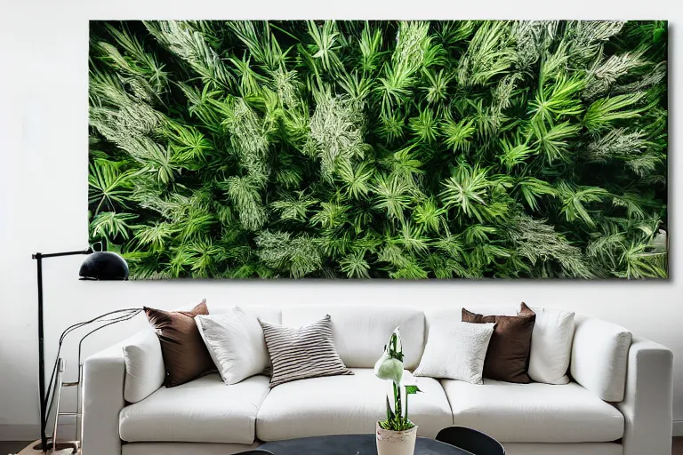 Image similar to highly detailed wide angle photograph, ikea style, light bloom, atmospheric, cinematic, contemporary modern design living room, cozy, calm, plants, big canvas art, hardwood floor, white walls, fabric and textiles