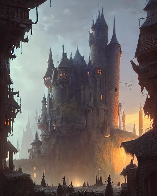 Image similar to gathering at the gallows at the courtyard of a robust fantasy castle, calming, uplifting mood, ultra realistic, factory, funny, small buildings, highly detailed, epic lighting, illuminated, cinematic, morning, art by eddie mendoza