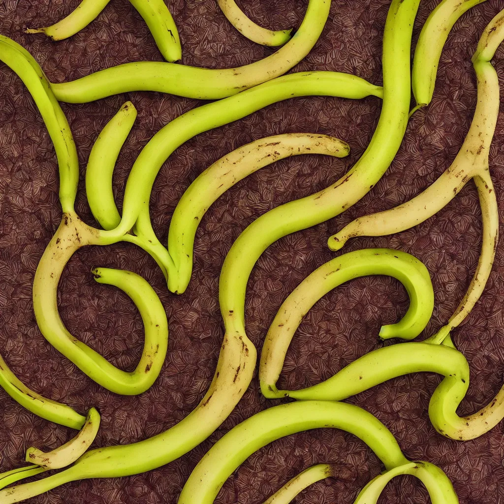 Image similar to very ripe looped bananas like a complex fractal, cracked, vegetable foliage, art nouveau fractal with petal shape, and stems, mesh roots, hyper real, food photography, high quality