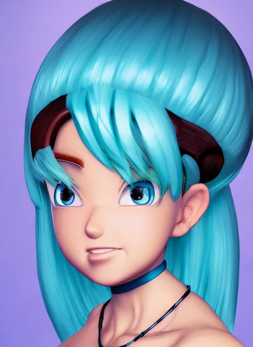 Prompt: portrait of bulma with turquoise hair, big brown eyes, and a blue dress, intricate jewelry, genshin impact, realistic anime, sharp focus, octane render, trending on artstation, 8k