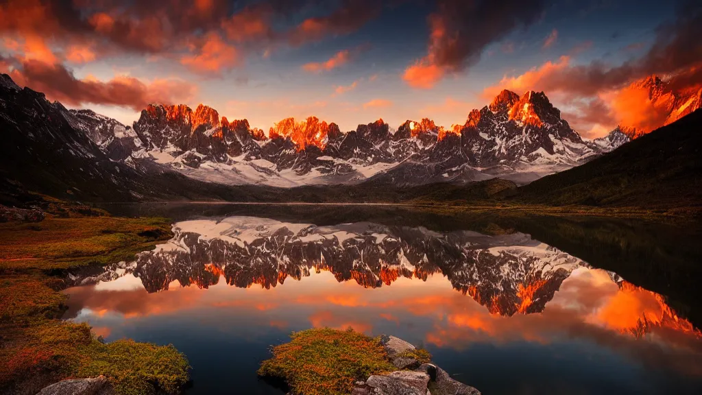 Image similar to amazing landscape photo of mountains with lake in sunset by marc adamus, beautiful dramatic lighting