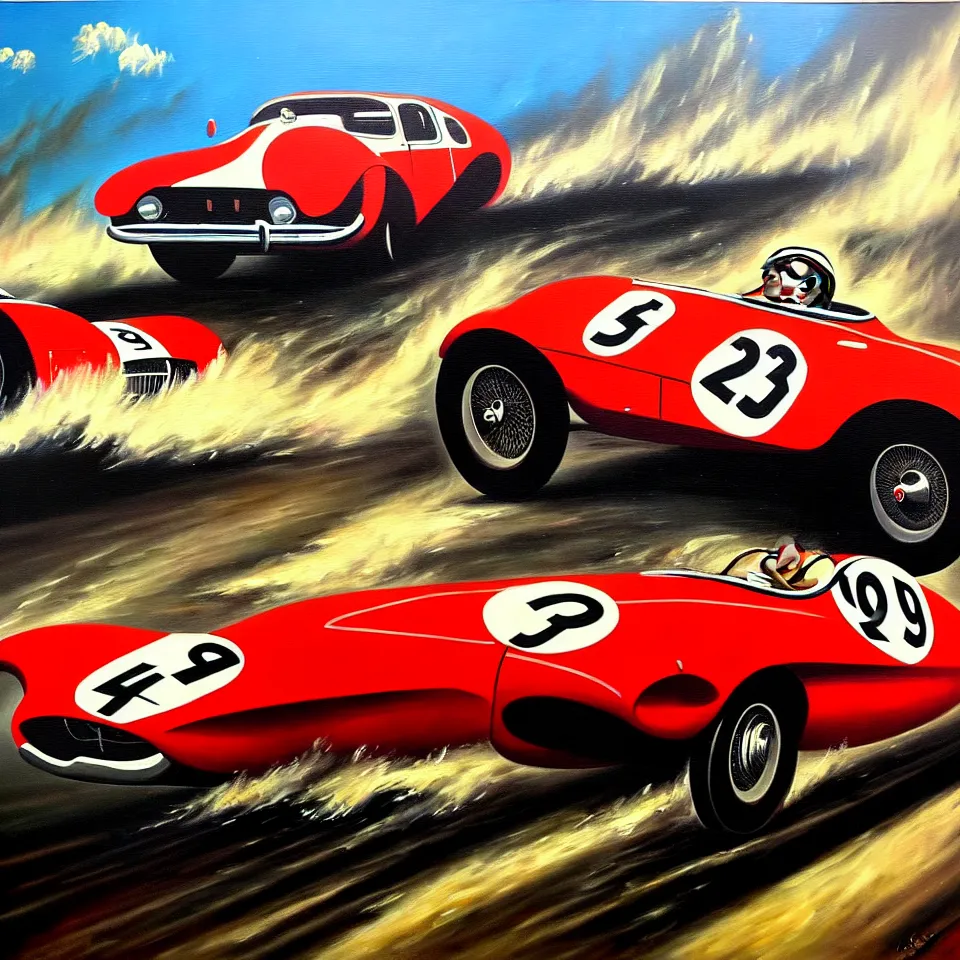 Prompt: a oil painting of a vintage car racing poster