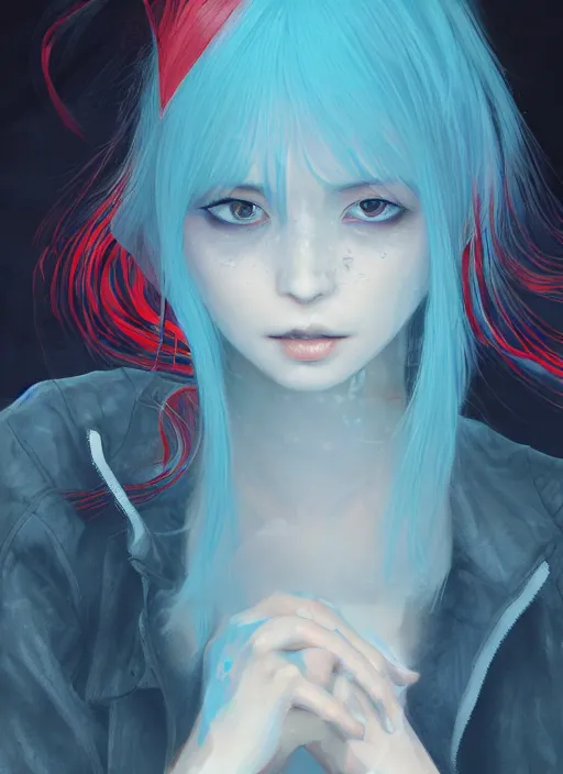 Image similar to red water swirling around rimuru tempest crying, enveloped in ghosts, sky blue straight hair, bangs, with amber eyes, black jacket, high collar, ultra fine detaile, dark theme, digital painting, psychedelic, cinematic, wlop, pixiv, ilya kuvshinov, ross tran