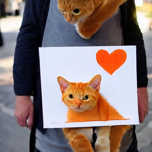 Image similar to orange tabby cat holding a sign that says