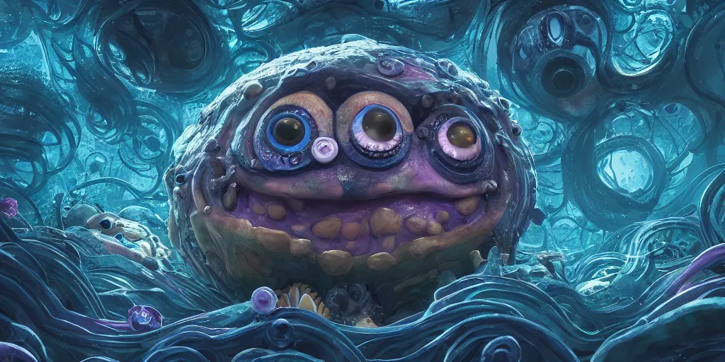 Image similar to of an intricate deep sea with strange cute friendly happy creatures with huge eyes, long tongue, round teeth and goofy funny face, appearing from the background, in the style of gehry and gaudi, macro lens, shallow depth of field, ultra detailed, digital painting, trending artstation, concept art, illustration, cinematic lighting, photorealism, epic, octane render