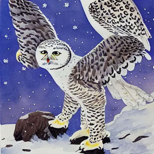 Image similar to snowy owl dancing with a snow leopard, Louis William Wain watercolor,