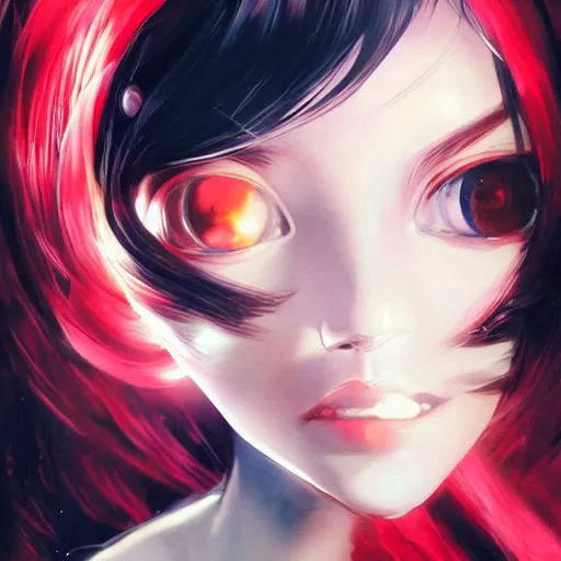 Image similar to A cyborg girl with big and cute eyes, fine-face, realistic shaded perfect face, fine details. red and black robotic parts. Very anime. Realistic shaded lighting poster by Ilya Kuvshinov katsuhiro, magali villeneuve, artgerm, Jeremy Lipkin and Michael Garmash, Rob Rey and Kentarõ Miura style, trending on art station