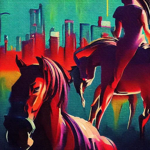 Image similar to a graph style gauche impasto horses, cyberpunk art by james gilleard, city depth of field, cgsociety, retrofuturism, synthwave, retrowave, outrun, high detail.