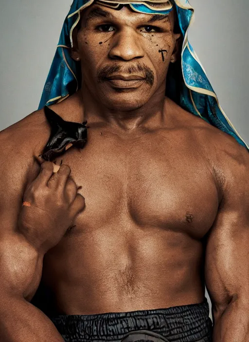 Prompt: mike tyson dressed in arab clothing, photohoot, set pieces, intricate set, vogue magazine, canon, highly realistic. high resolution. highly detailed. dramatic. 8 k. 4 k.