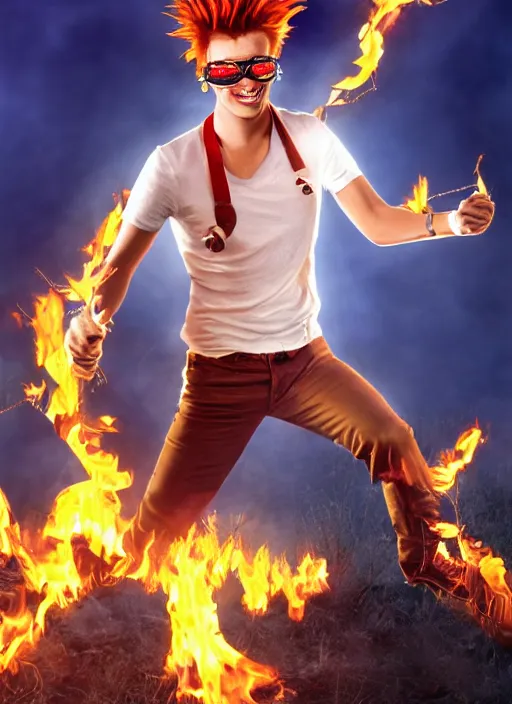 Prompt: photorealistic young man with red spiked long hair, using an orange lens googles. Wearing white shirt, a black waistcoat, brown pants and black boots. He is throwing a wild fire blast from his hands, with a vicious smile in face. He is in a scorched land with a blue sky. dynamic lightning.