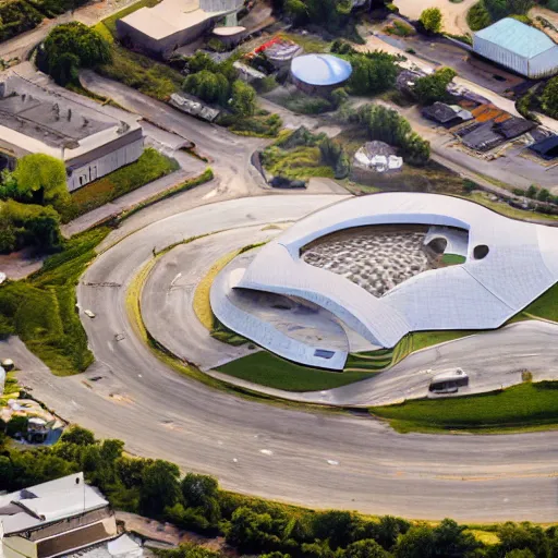 Image similar to an aerial photograph of a building shaped like a music note. the building is on top of a misty hill, smooth, photorealistic, global illumination, radiant light, intricate and detailed environment