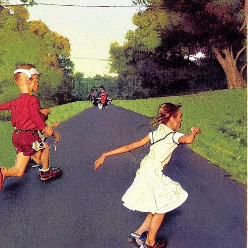 Prompt: a brother and sister running to catch up to the school bus that they missed. By Norman Rockwell. Jason Felix