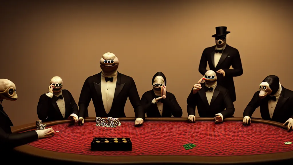 Prompt: hyperrealism simulation highly detailed human turtles'wearing detailed tuxedos and smoking, playing poker in surreal scene from dark scary movie from future by wes anderson and denis villeneuve and mike winkelmann rendered in blender and octane render