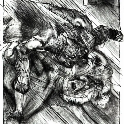 Image similar to a humanoid german shepherd beast - man wrestling with another german shepherd in the middle of an arena, pencil art, added detail, high definiton, colored, aerial viewyoji shinkawa